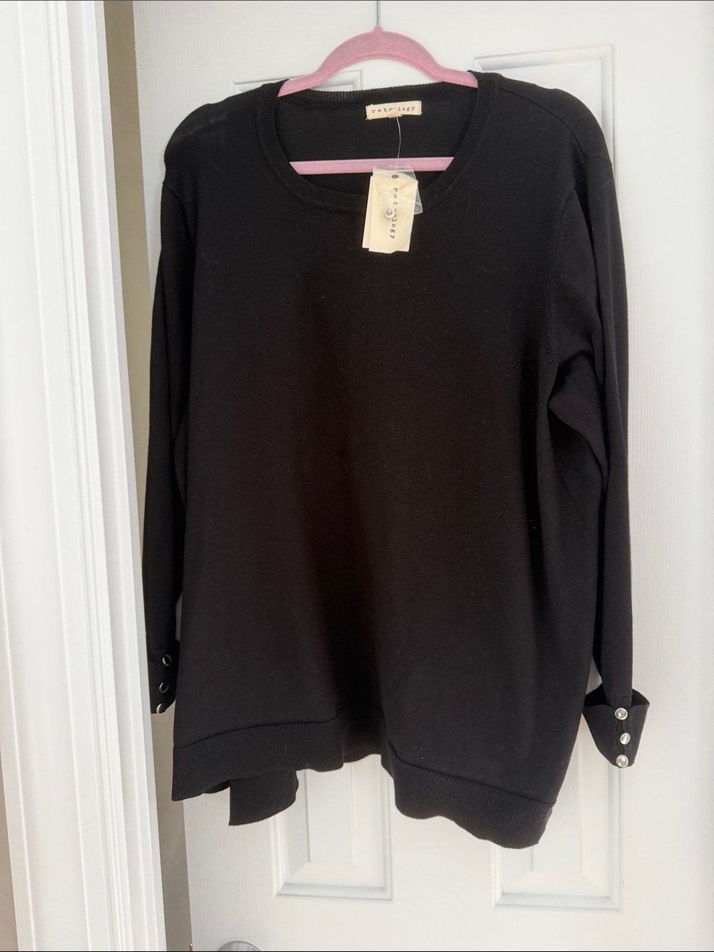 Women's Black Crewneck Sweatshirt with Button-Cuff Detail